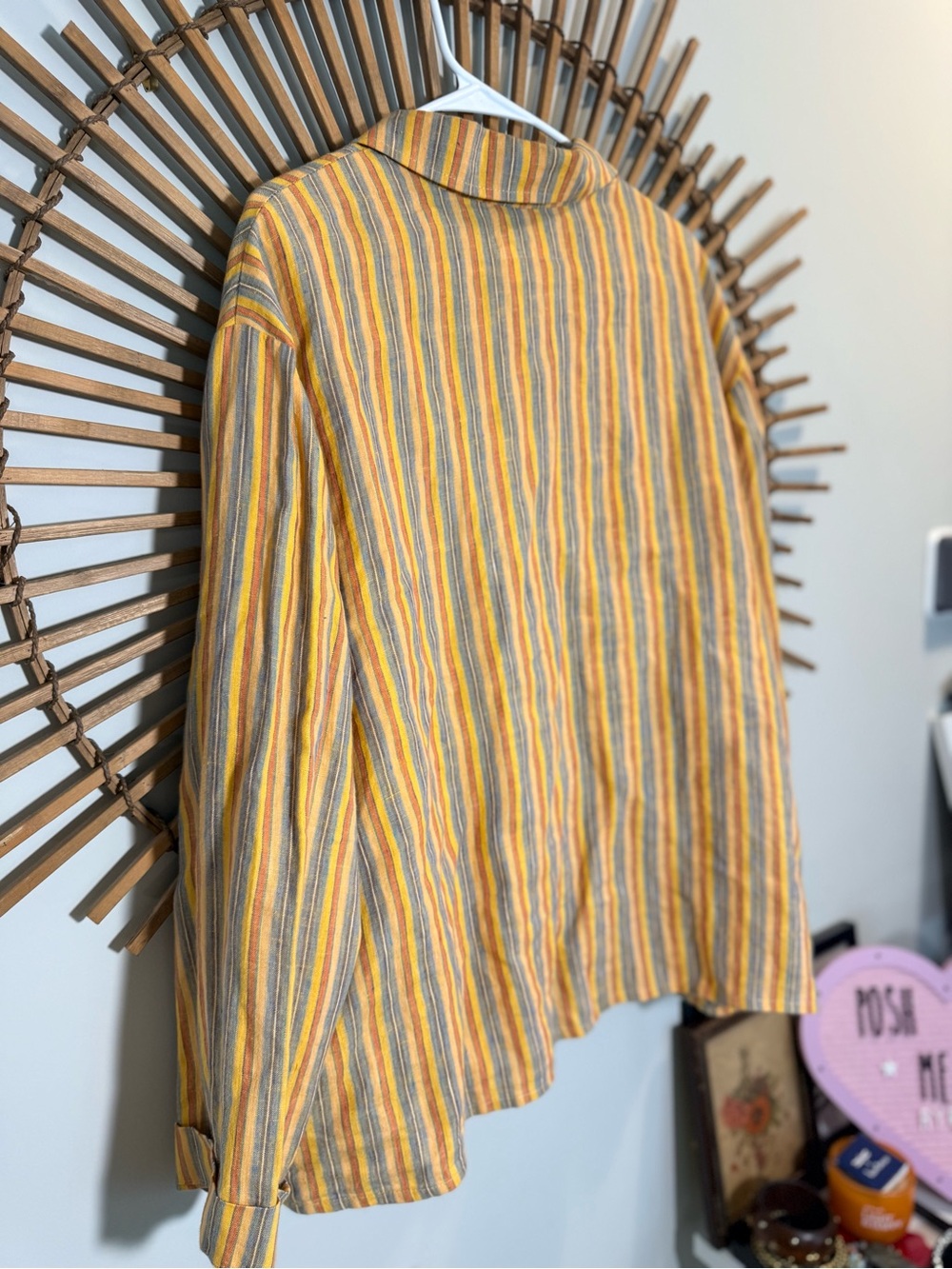 Flax Women’s Yellow Linen Multi Striped Button Down Jacket w Pockets Lagenlook L - Picture 10 of 14